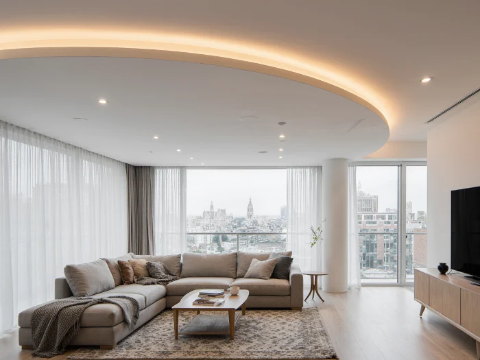 Controsoffitto curvilineo in cartongesso con profilo ad onda e finitura Q4