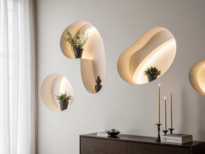 Nicchia decorativa in cartongesso con vani per oggetti e piante