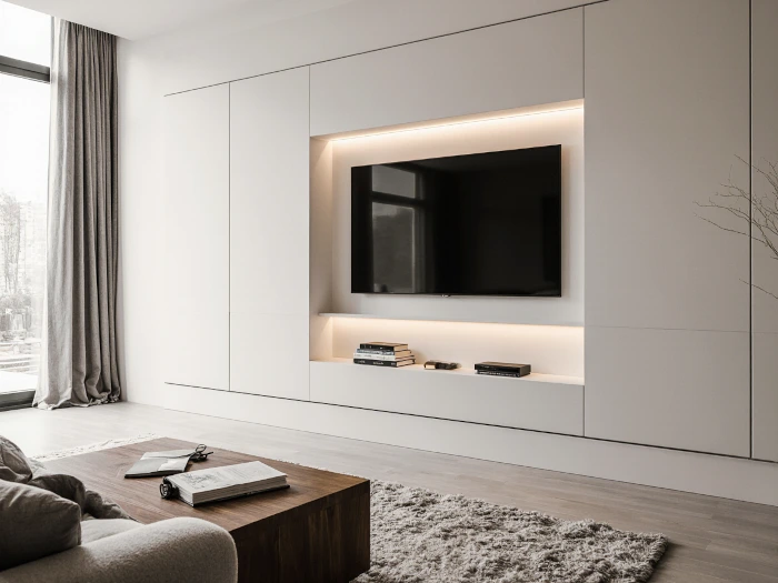 Nicchia in cartongesso per TV con vano nascosto per cavi e decoder